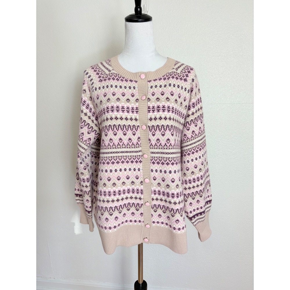 Cynthia Rowley Fair Isle Pink & Cream Knit Cardigan Sweater Size XL Grannycore